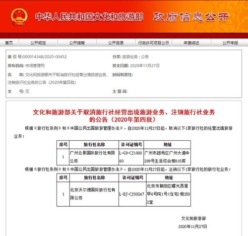2020年第四批旅行社業務調整 文旅部取消出境游資質并注銷部分旅行社